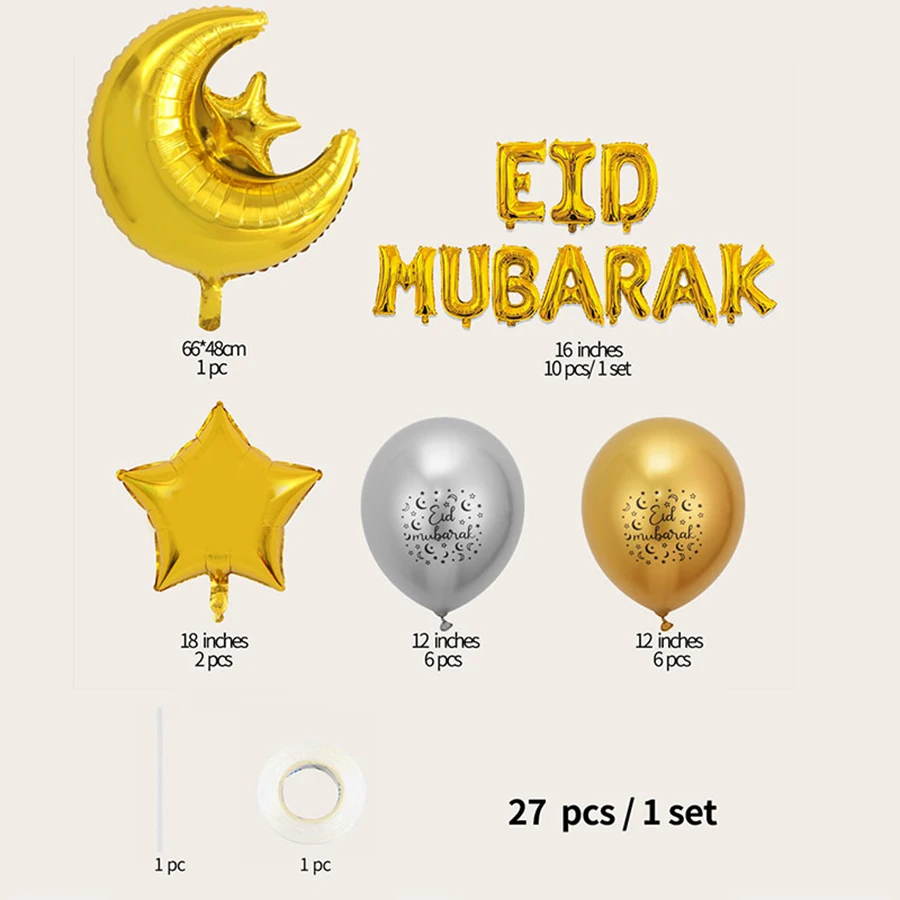 27 pz Eid Mubarak palloncini decorazione 2024 musulmano Hajj Decor Ramadan Kareem Festival Banner Star Moon Foil Balloon