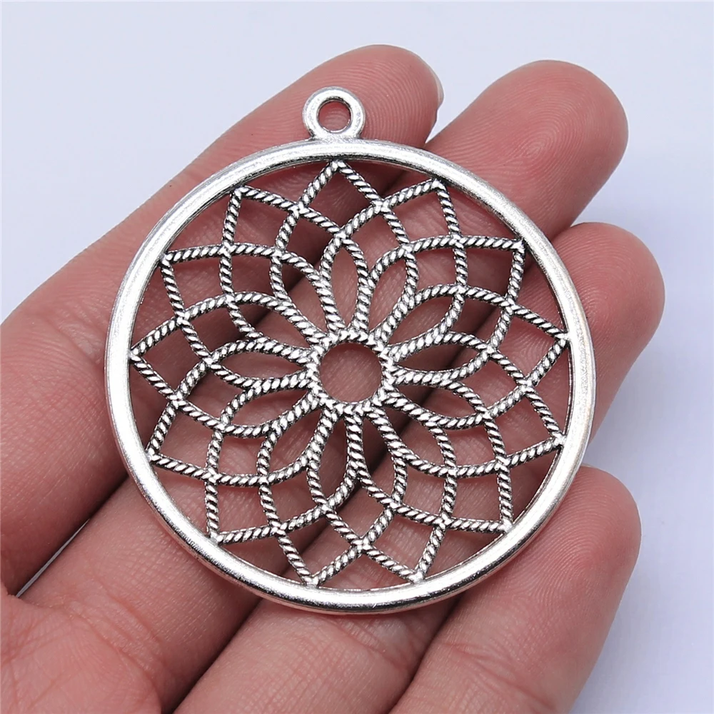 WYSIWYG 2 sztuk 49x49mm antyczne srebro kolor okrągły kwiat życia Charms wisiorek do tworzenia biżuterii DIY komponenty do biżuterii