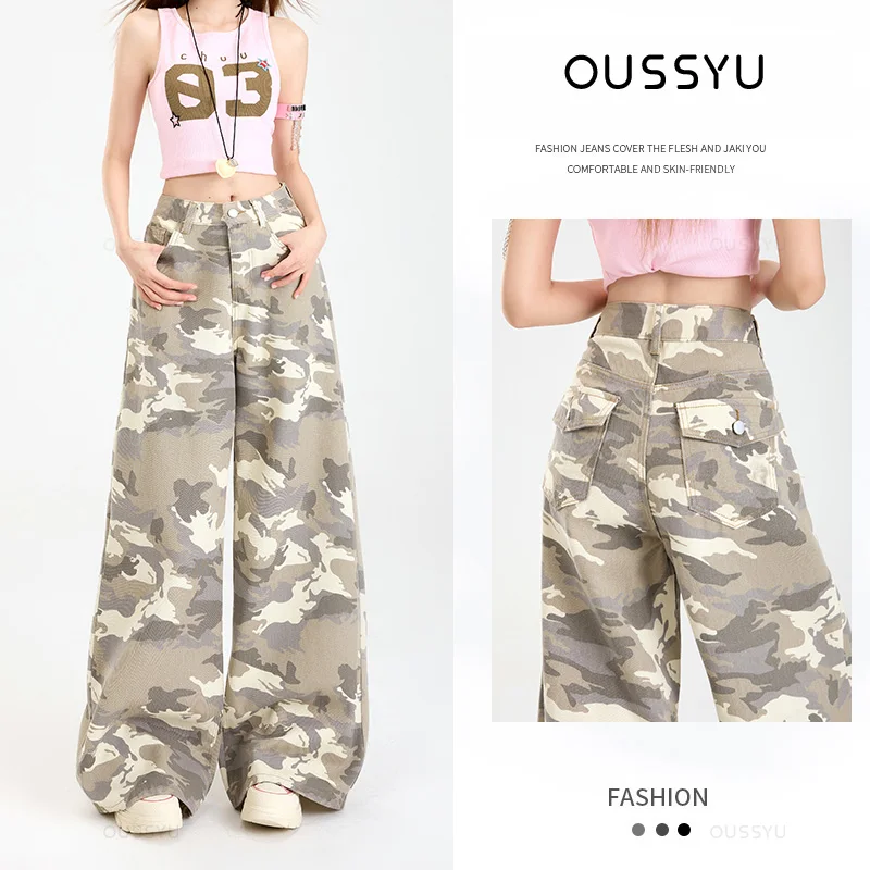 American Retro High Street Baggy Casual Overalls Camouflage Loose Wide Leg Pants For Women Y2k Hip-hop Cargo Grunge Trousers