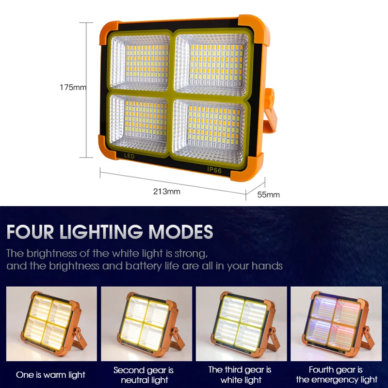 ソーラーLEDスポットライト,500W,4モード,充電式バッテリー,屋外,防水,キャンプ用