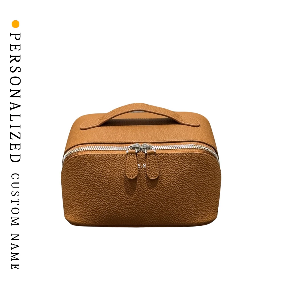

Advanced touching cowhide makeup bag practical toiletry bag travel portable large capacity storage bag custom free gold stamping