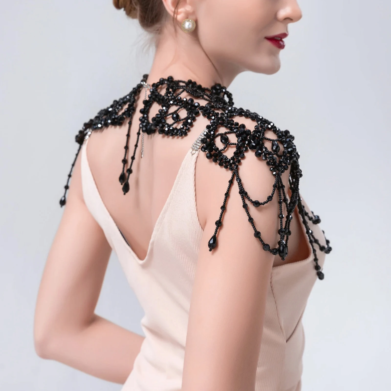 Bolero nupcial con cuentas de cristal negro para mujer, cadena de cuerpo cubierto, accesorios de decoración, VG09