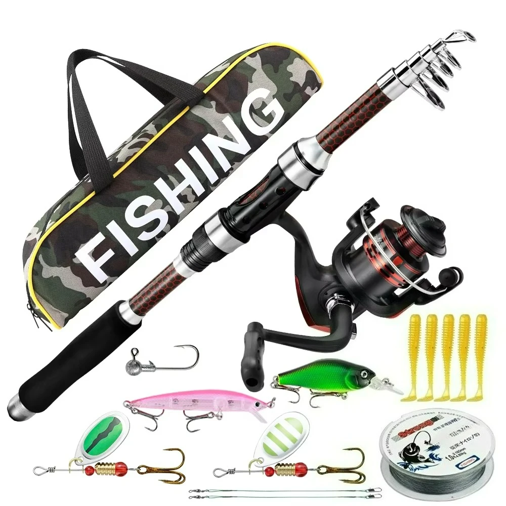 Telescopic Fishing Rod and Reel Combo Set Spinning Reel Lure Kit Line Hooks Soft Bait Spoon Crankbait With Bag