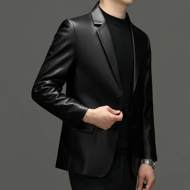 New Men's Fashion Business Casual Slim-fit Korean Leather Jacket Out Windproof Professional Wedding Solid Color Cowhide Blazer