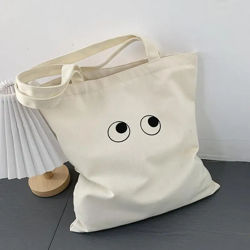 Large Capacity Canvas Tote Bag Cartoon Single Shoulder Student Class Bag Women's Cute Spring Summer Bag Simple Artistic Style