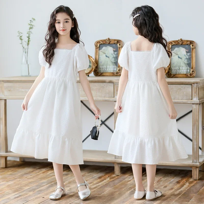 Flower Girl Dresses for Weddings 2024 Summer Knurling White Princess Dress 4-14 Years Teenage Children Clothes Square Neck