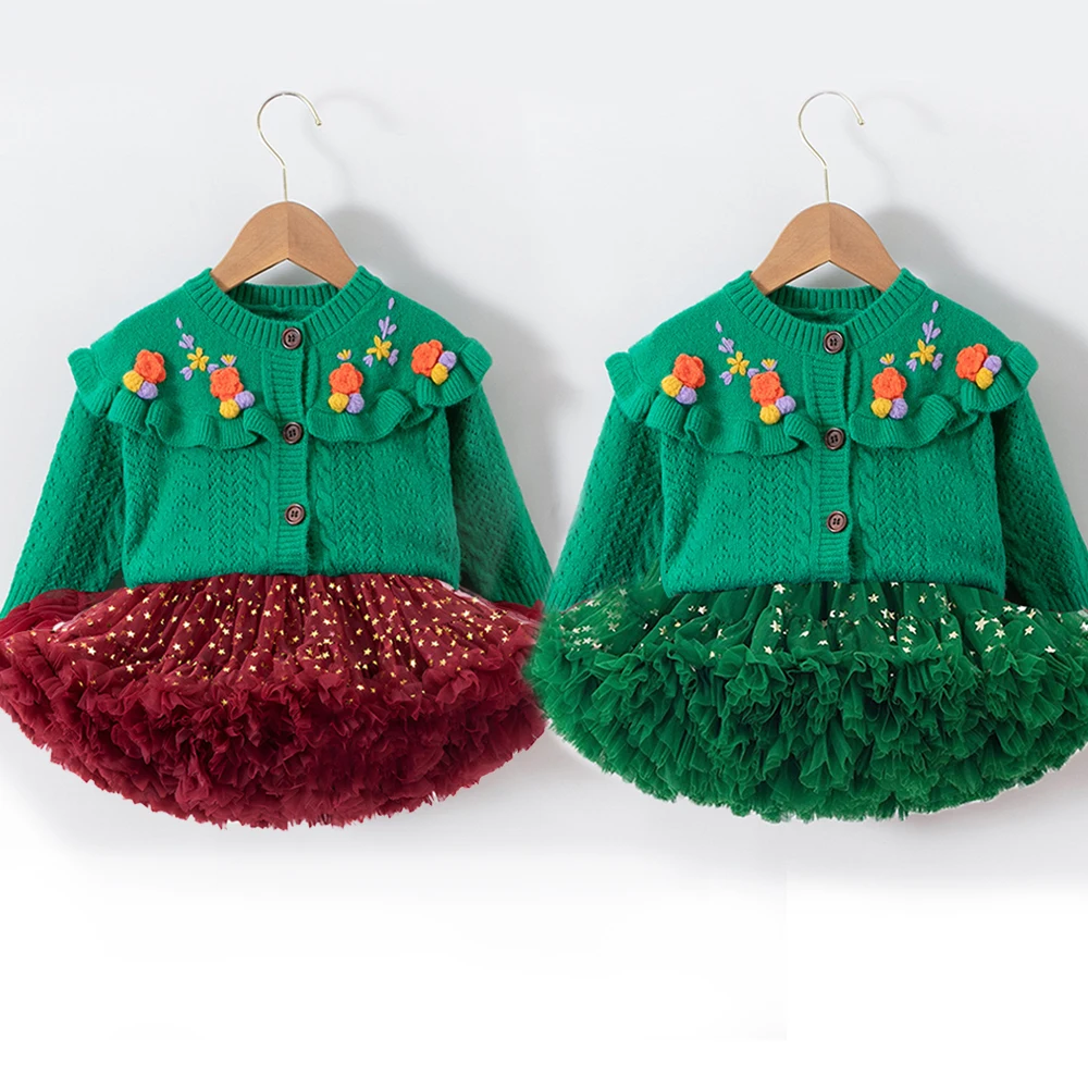 

Christmas Green Cardigan+Red Mesh Tutu Skirt Party Kids Girl 2PCS Clothing Princess Dress Knitted Top and Bottom Set Autumn