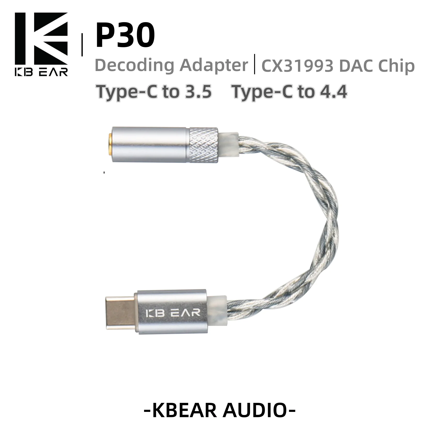 KBEAR P30 adaptateur de décodage DAC ChipCX31993 Transmission sans perte de qualité HiFi 2 brins type-c à 3.5mm 5N OFC