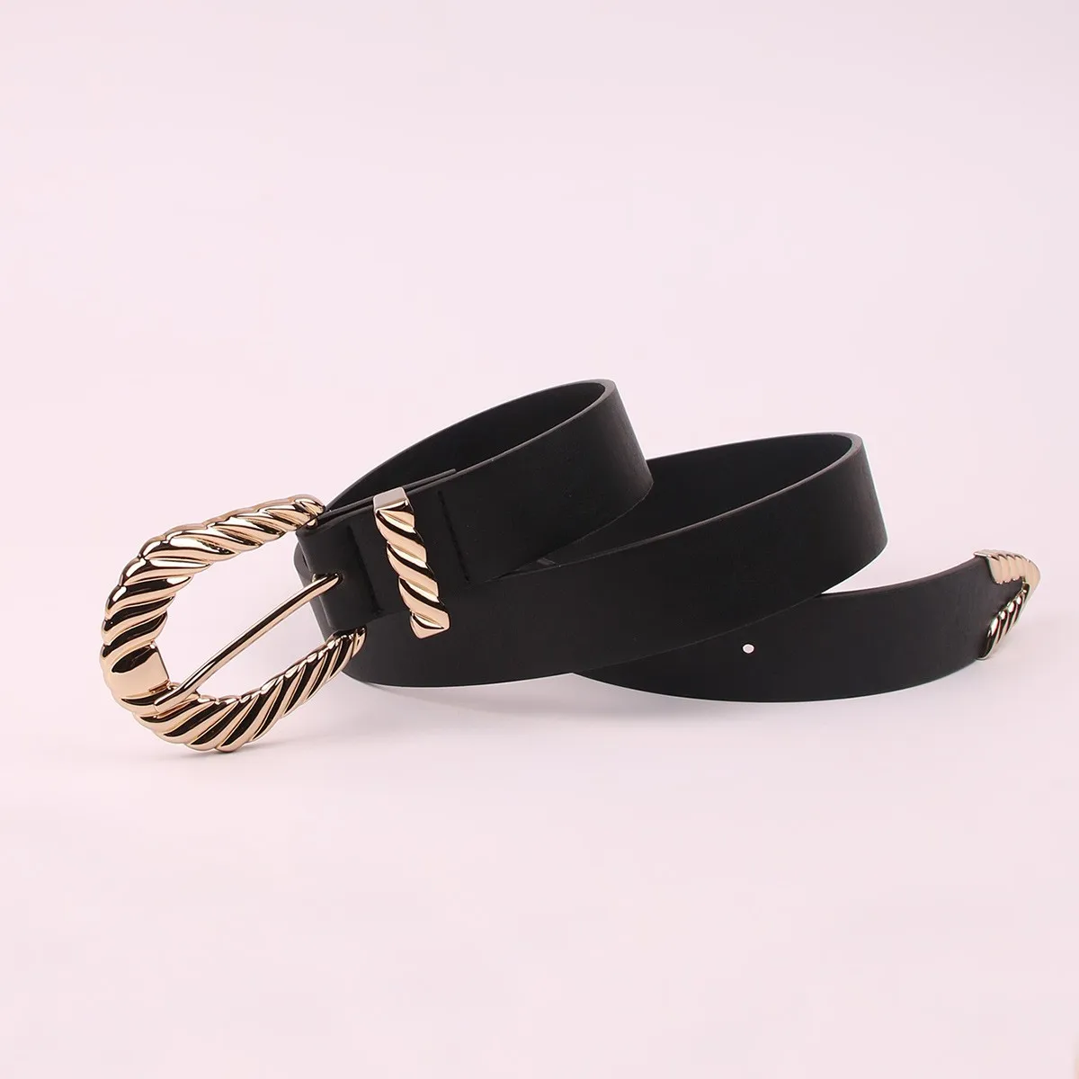 New Ladies Large Buckle Flat Belt Fashionable Black Versatile Three-Piece Set Leather Belt