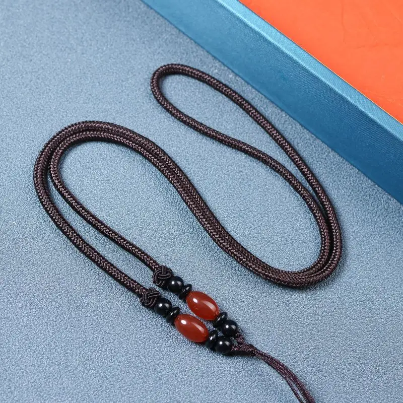 New Finished Pendant Necklace, Knotted Beeswax Cord, Knotted Crystal Amber Jadeite Jade Hanging Rope