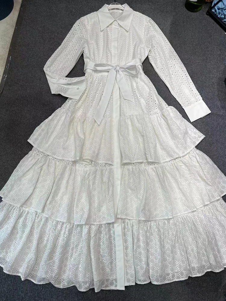 VGH-Robe Patchwork à Volants Épissés et Découpés pour Femme, Couleur Unie, Revers, Manches sulf, Taille Haute, Simple Boutonnage