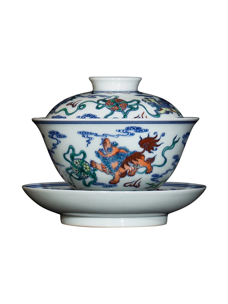 Zhongjia Jingdezhen Single Cover Hand-painted Chai Kiln Blue And White Doucai Lion Rolling Embroidery Ball Tea Bowl