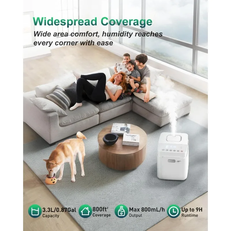 Stainless Steel Humidifier, 3.3L/0.87Gal Steam Humidifier Large Room up to 800 sq ft, Easy to Clean Warm Mist Humidifiers for Be