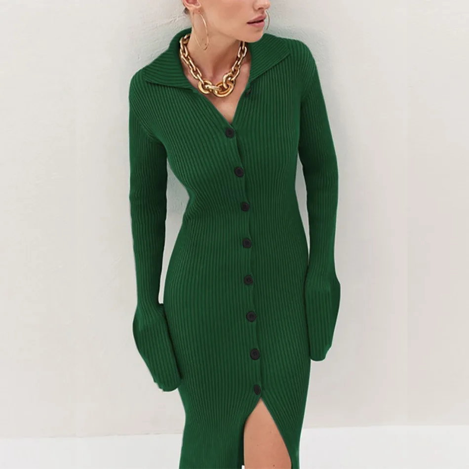 2025 ropa de mujer Winter knitted vestidos longos pit strip warm sweater dress lapel button long sleeve elegant vestidos largos