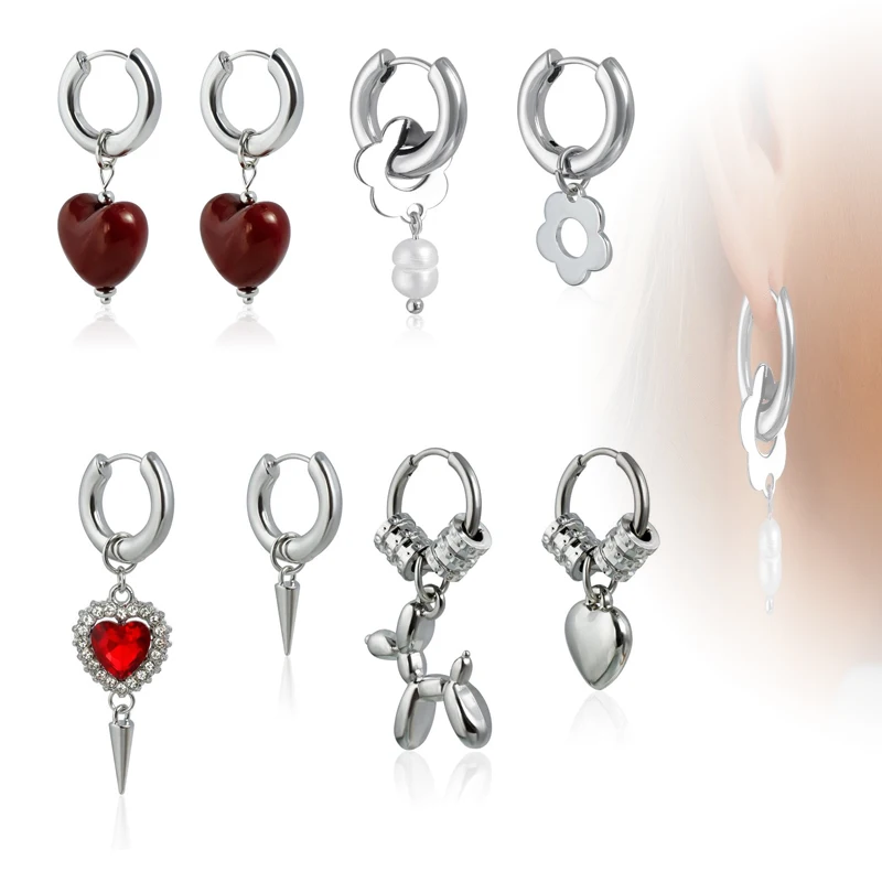 1 زوج فاسق فضي اللون عدم التماثل زهرة هوب أقراط النساء موضة الأحمر الزركون القلب أقراط مجوهرات اكسسوارات الحفلات هدايا