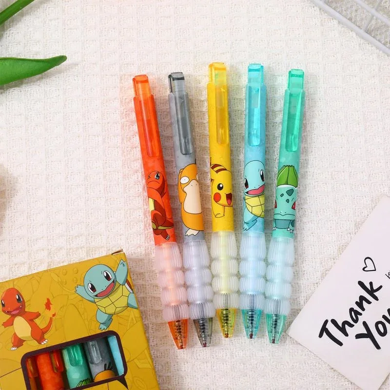 5pcs/box Pokémon Gel Pen Cute Pikachu/Charmander/Squirtle Cartoon Black Gel Pen Stationery School Supplies Children’s Gift