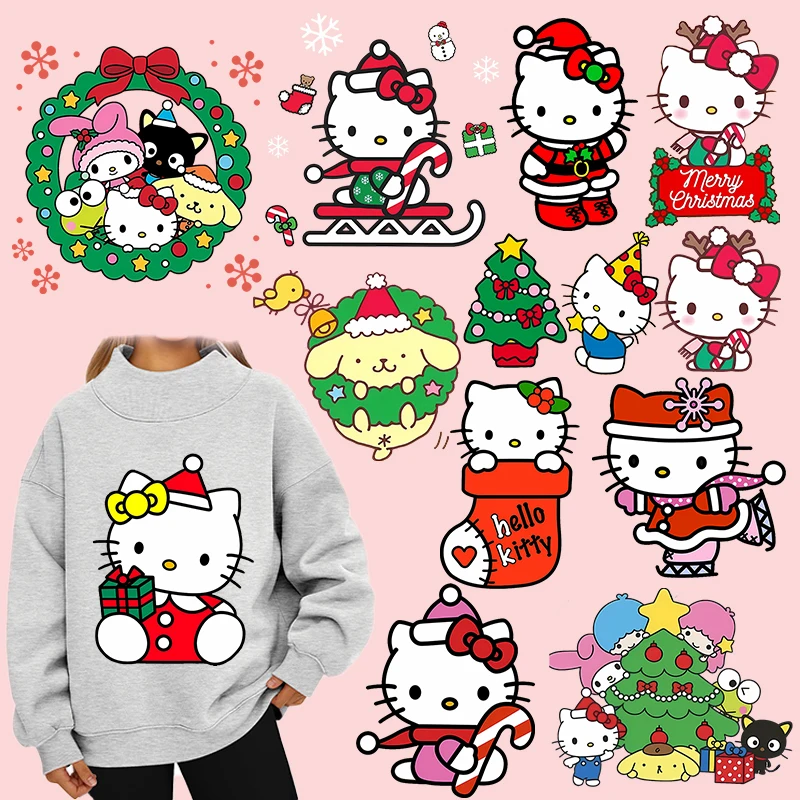 

Sanrio Рождественская теплопередающая наклейка Новый год Санта-Клаус Hello Kitty My Melody гладильные нашивки забавная одежда DIY Декор рождественские подарки