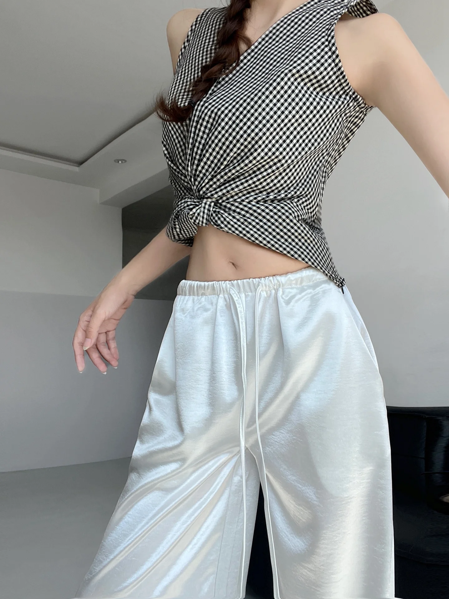 Silky Smooth Lightweight Summer Casual Pants Loose Straight Drapey Satin Wide Leg Textured Feel Comfortable Loose Fit Trousers