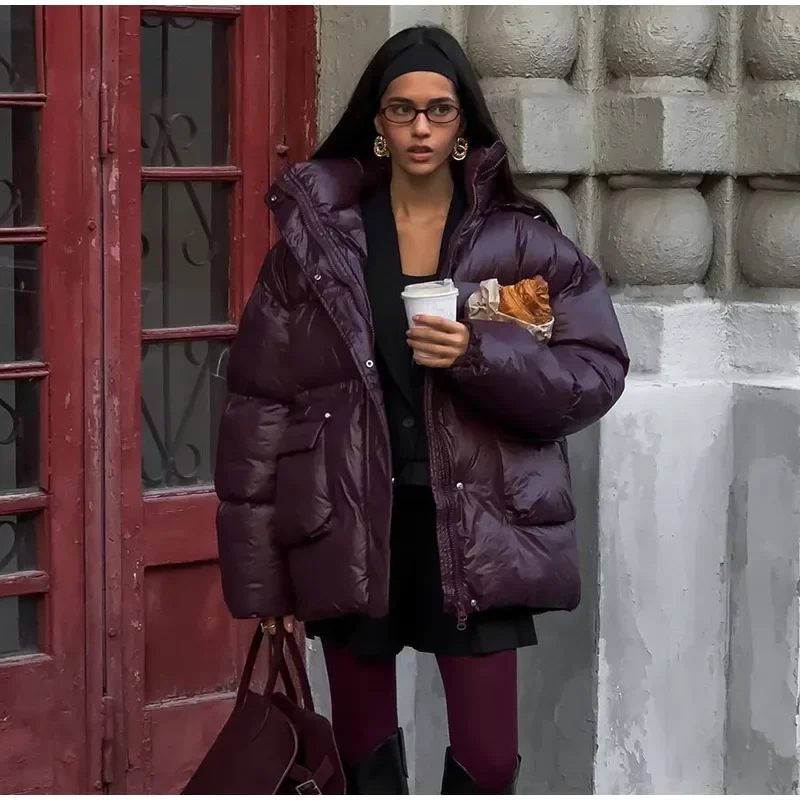 

Parkas Long Sleeve Zipper Pockets Drawstring Female Coats Street Lady Outerwears Casual Leather Hooded Women's Winter Jacket
