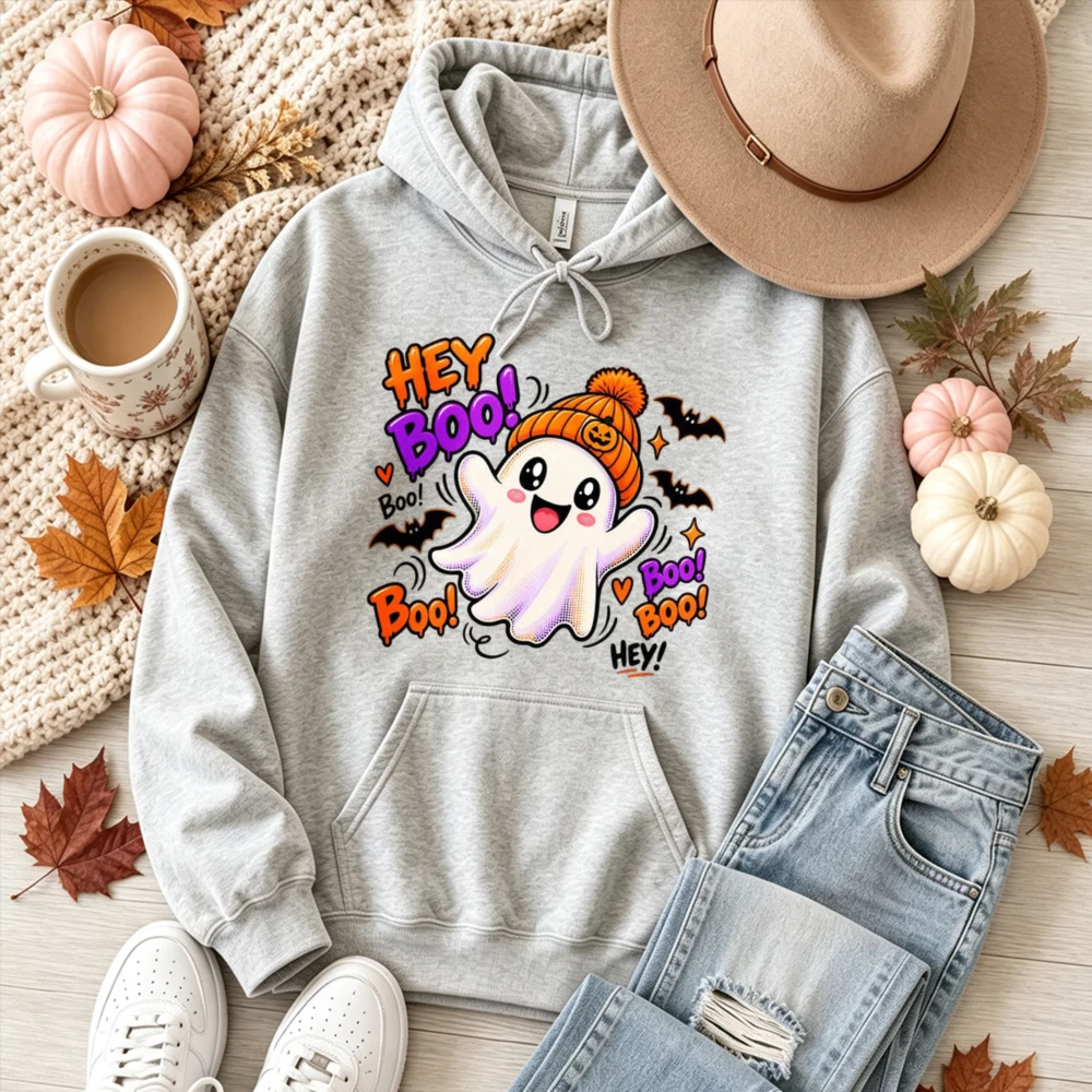 Hey Boo, süßer Geister-Kürbis-Beanie, Fledermaus-Motiv, Kapuzenpullover, Unisex, Kapuzen-Sweatshirt mit Kordelzug, Halloween, Herbst, lässiger Pullover, Oberteile.