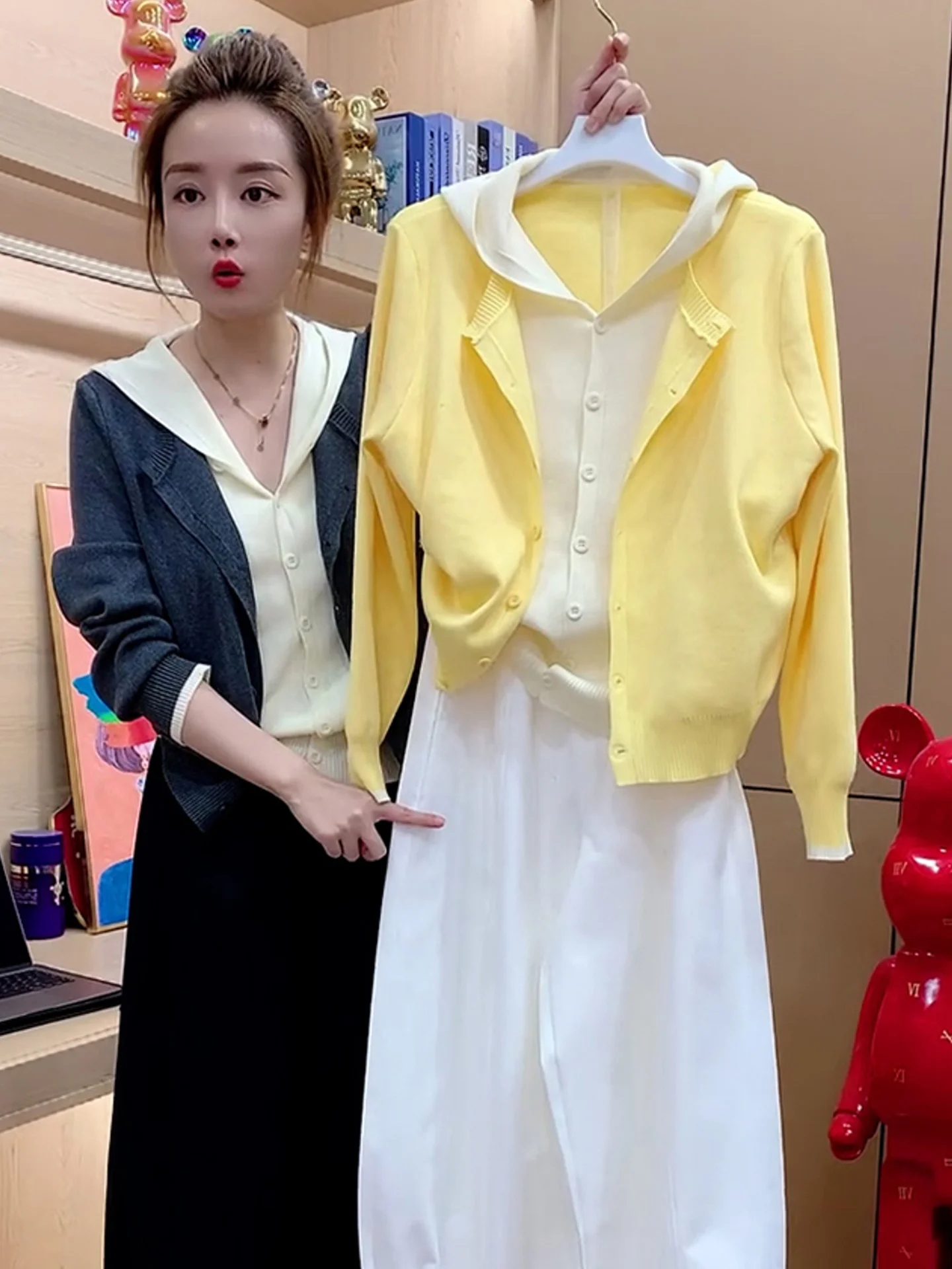 

Удобная длинная толстовка с капюшоном Све, женский вязаный свитер, повседневный цветной блуз, искусственный комплект из двух предметов, осенний модный свитер для поездок на работу