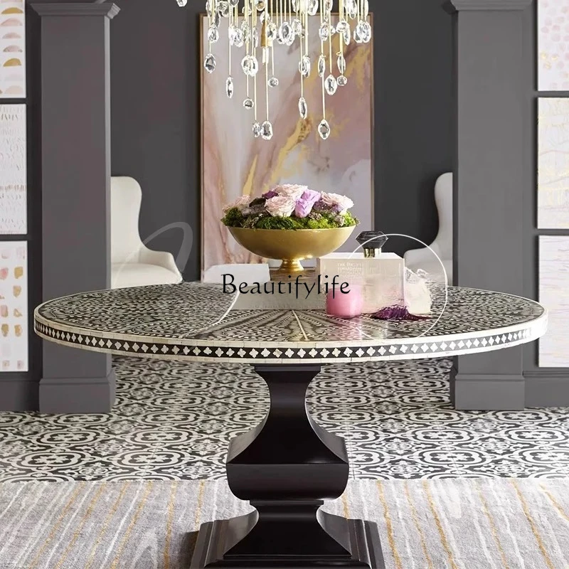 طاولة طعام مصنوعة يدويًا من الخشب الصلب على الطراز الريفي الأمريكي، طاولة مستديرة منزلية، حديثة وبسيطة، فاخرة باللون الأسود الراقية