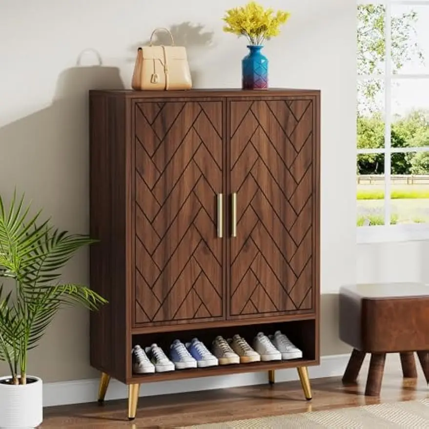 

Shoe Cabinet with Doors, 6-Tier 18 Pairs Shoe Storage Cabinet for Entryway, Living Room, Bedroom (Walnut, Gold Legs)