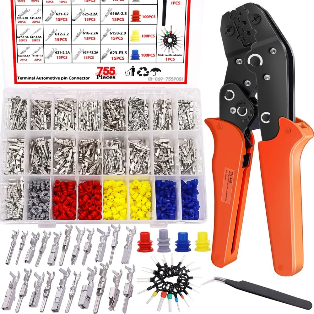 755-teiliges Set mit 21 Arten von Auto-Elektrokabel-Steckverbindern, elektrischen Anschlüssen, männlichen und weiblichen Crimp-Pins mit Crimpzange – Detail 1