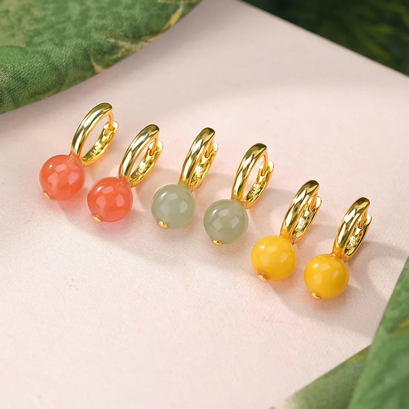 

Red Amber S925 Sterling Silver Hetian Jade Round Bead Ear Clip Earrings