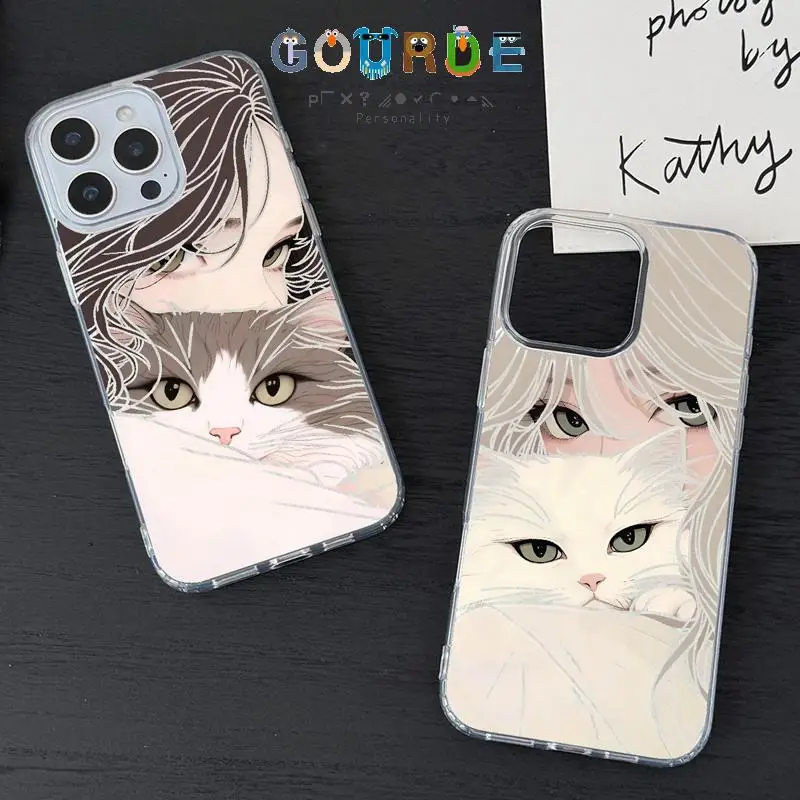 

Gourde Cool Girl Cat Advanced Silver Feather Laser Plating Glitter for Iphone 16 12 13 11 Pro Max Xr 14 15 Plus Shockproof Cover