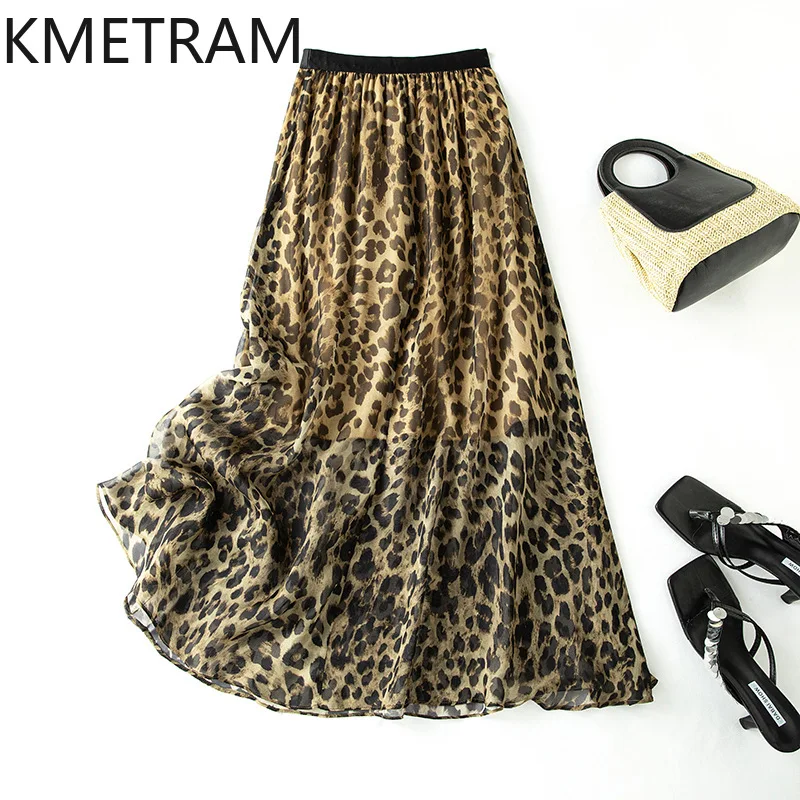 KMETRAM 100% Mulberry Silk Women's Skirts Fashion Leopard Print Long Skirt Real Silk A-Line Skirts Summer Woman Clothes 2026 스커트