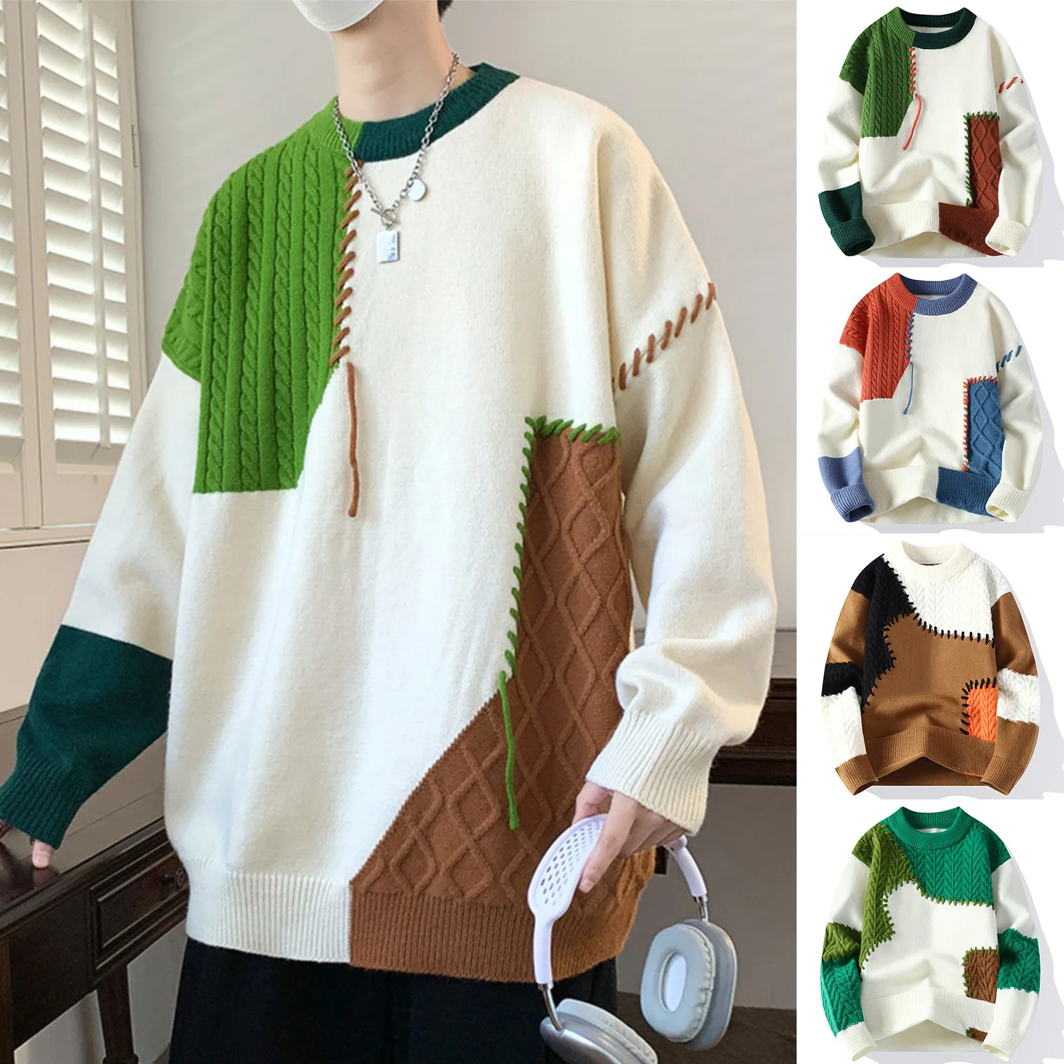 فضفاض الرجال محبوك سترة المرقعة شرابة طويلة الأكمام جولة الرقبة الدافئة ملابس خارجية عارضة أزياء الخريف الشتاء نمط الشباب