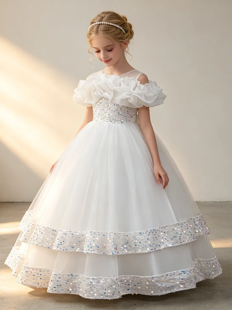 New Flower Girl Dresses For Weddings Fashion Lace Sequin Princess Birthday Party Dress Elegant First Communion For kid 4-14Years