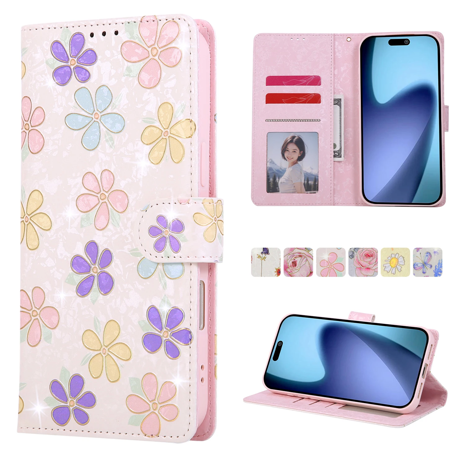 Dompet Kulit Motif Bunga Anti Maling Magnetik Mewah Untuk iPhone 17 Pro Max 16 Plus 15 Plus 14 13 Penutup Lucu