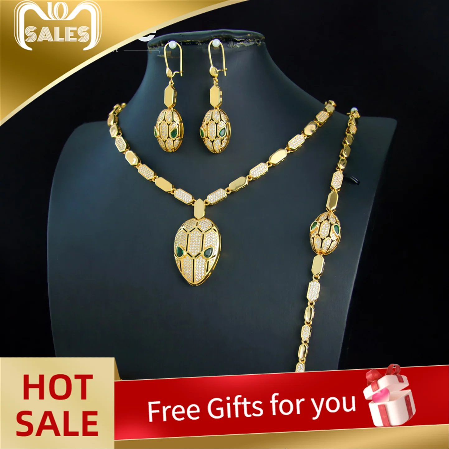 

Luxury Saudi Gold Color Snake Necklace Set 21k Gold Plated Italian Zircon Fashion Animal Chokers Dubai Women Event Party Jewelry