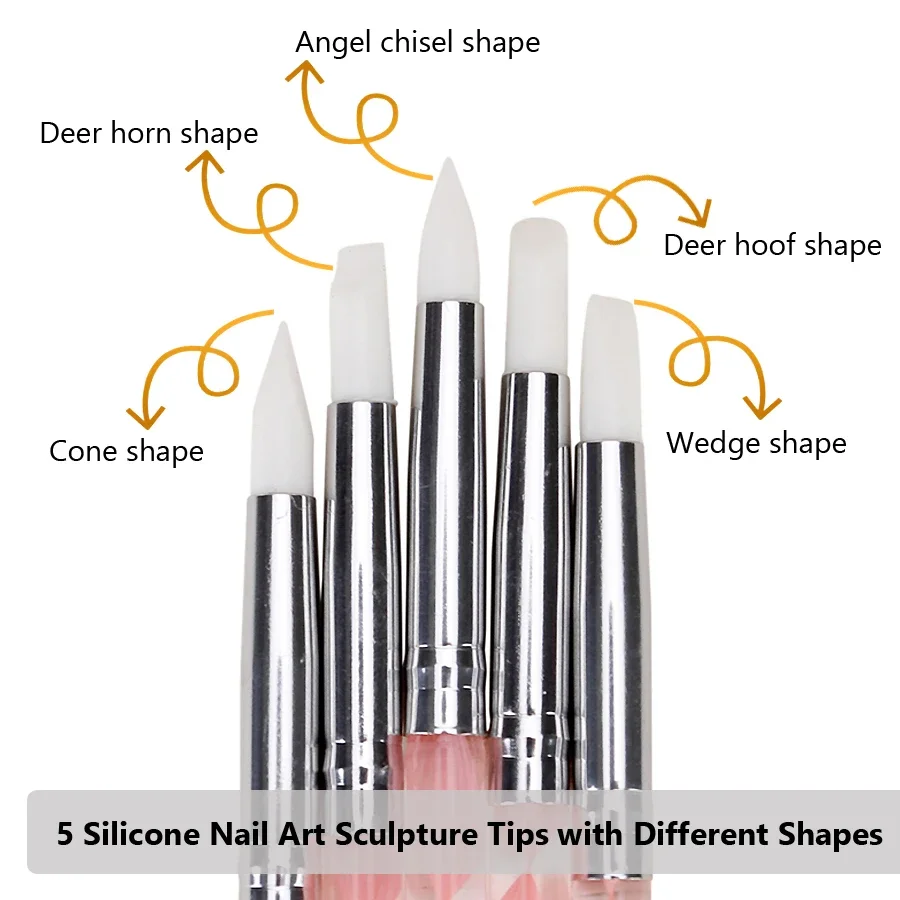 Bolígrafo de silicona de 2 vías para decoración de uñas, Kit de herramientas de pintura de flores de acero inoxidable para diseño creativo de manicura, 5 uds.