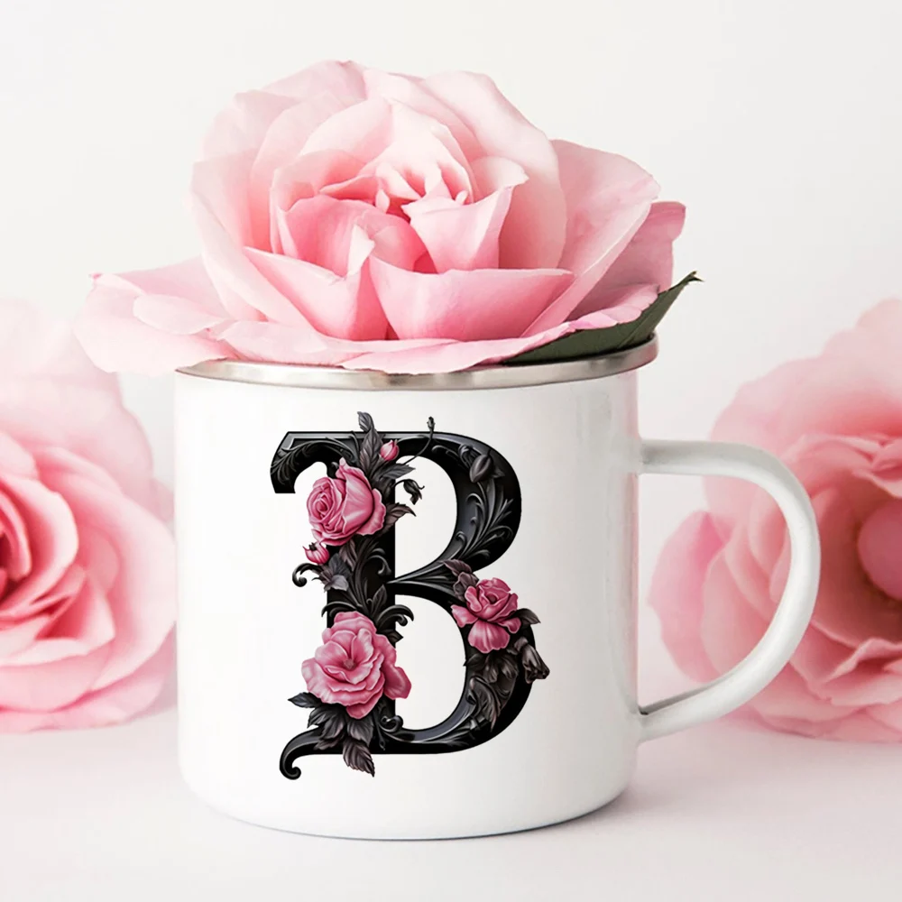 Initial Letter Monogram Floral Alphabet Coffee Cup Initial A-Z Coffee Enamel Mug Floral Alphabet Cup Birthday & Xmas Gifts