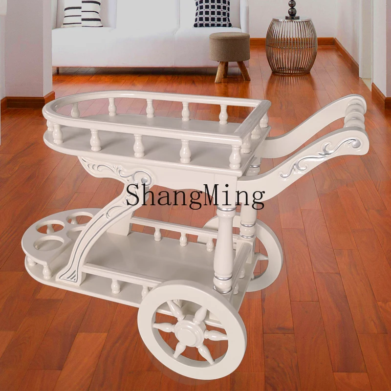CL  wood wine cart mobile hand push carved meal preparation villa luxury family food delivery cart