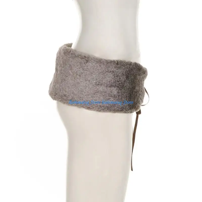 

573B Retro Girdle Plush Luxurious Furred Elegant Tie Belt for Wrap Dress Halter Dress