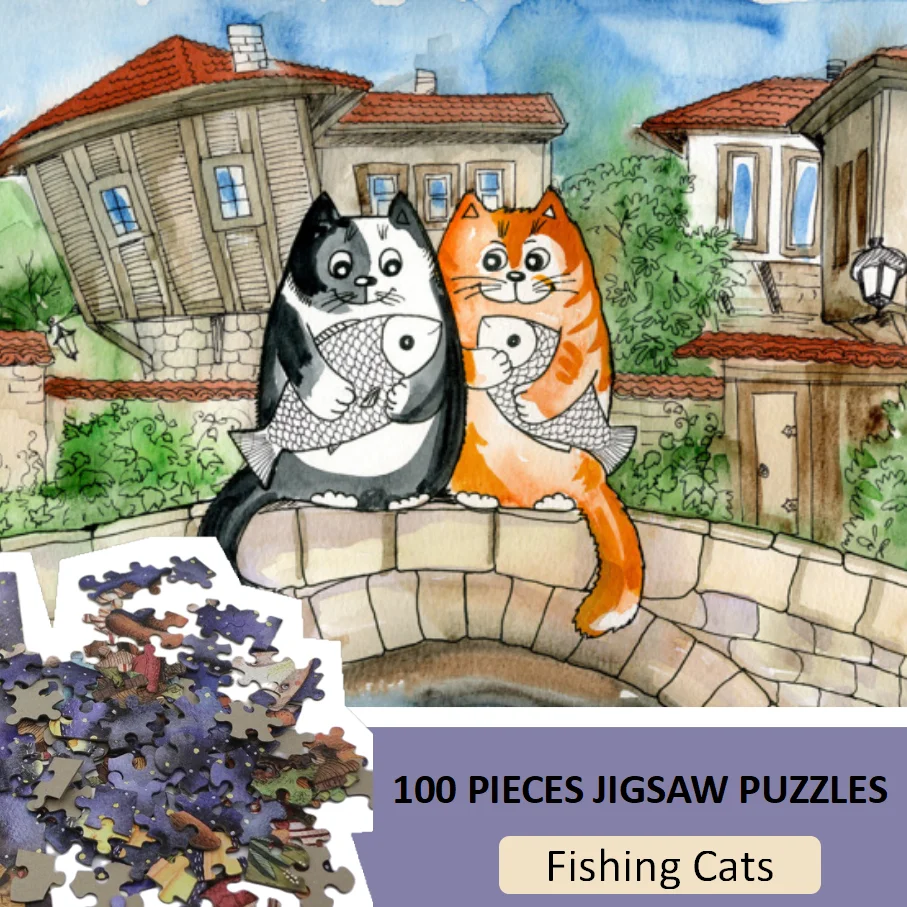 

100 шт. головоломки для рыбалки, кошек, мультяшная живопись, бумажные пазлы, подарок на Хэллоуин, День Благодарения, Рождество, день рождения, годовщину
