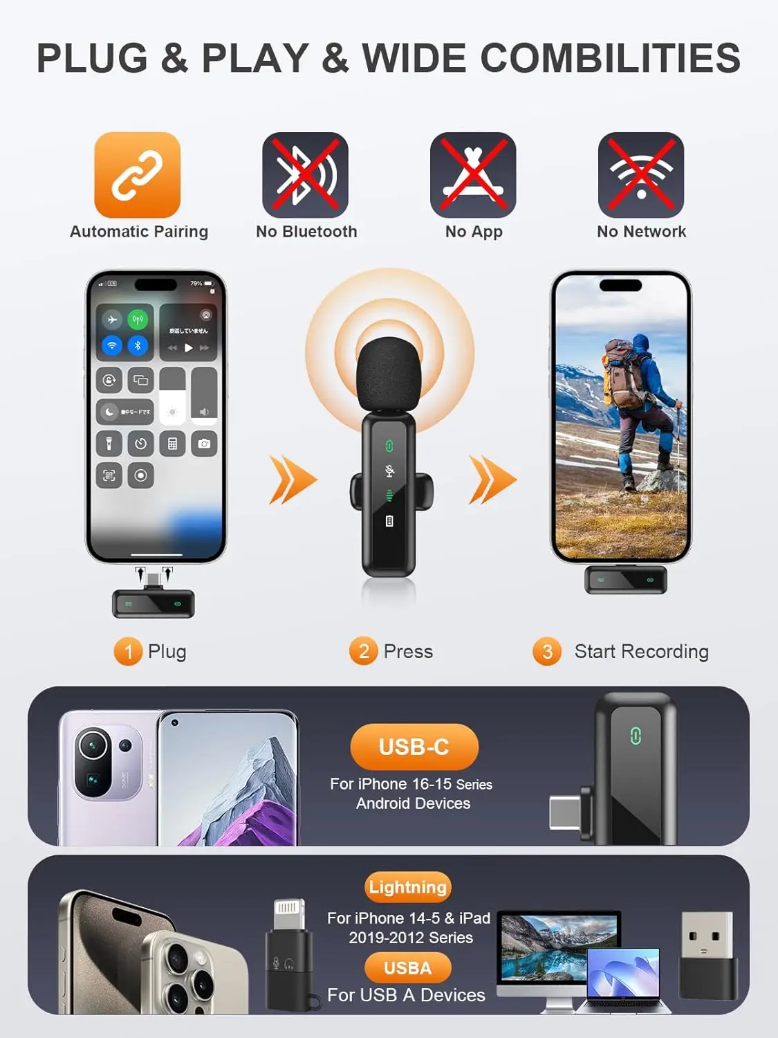 ميكروفون Lavalier لاسلكي لأجهزة الكمبيوتر المحمول iPhone iPad Android وتسجيل الفيديو المباشر وبث إلغاء الضوضاء وميكروفون صغير