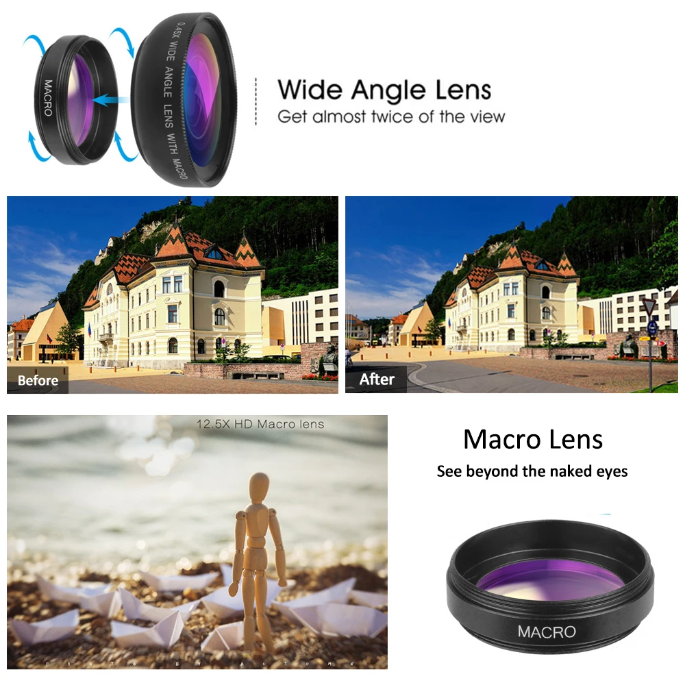 Mcoplus 0.45X Obiettivo macro grandangolare 2 in 1 per HUAWEI Xiaomi IPhone 12 Pro Max 11 8 7 Plus 14 13 Pro 6Plus