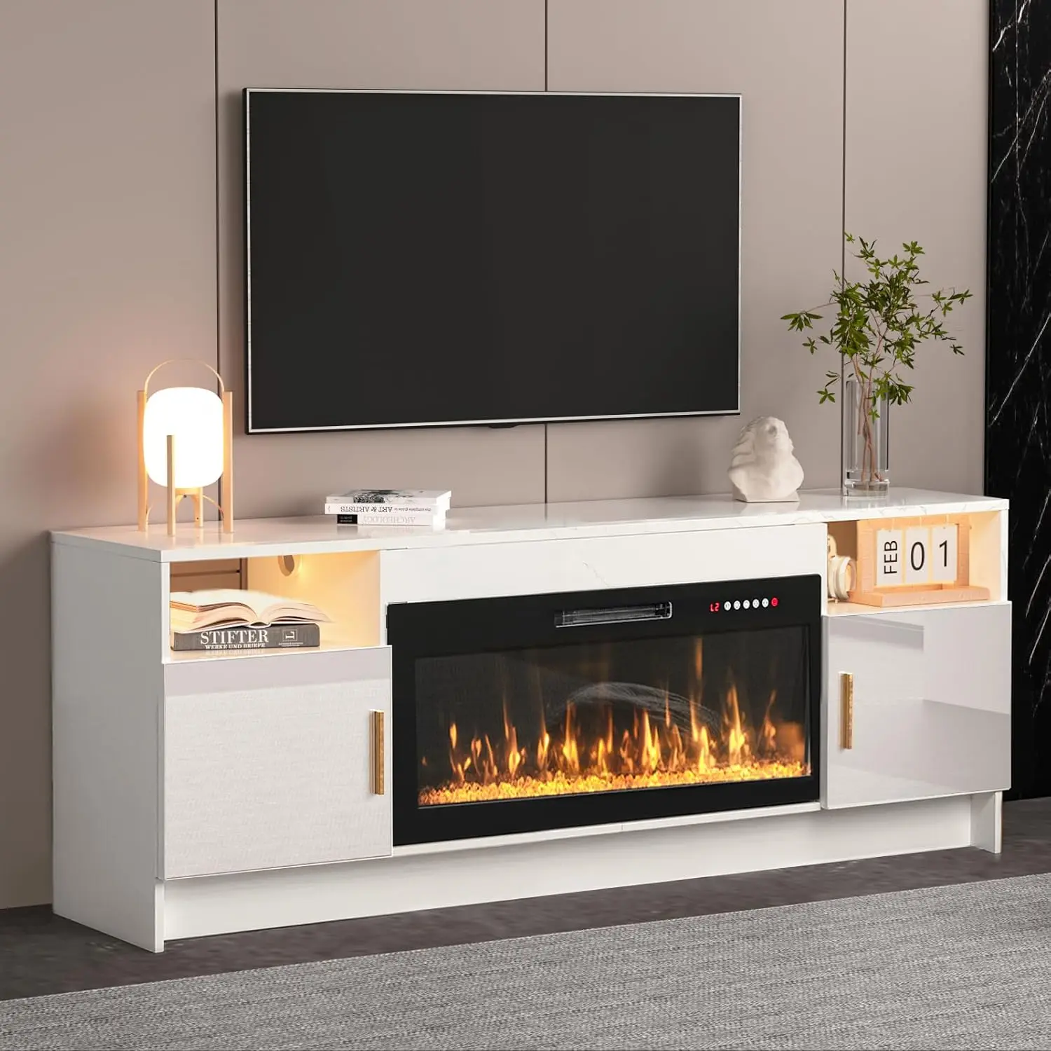 Electric Fireplace TV Stand LED Lights Entertainment Center 80 inch TV Console Living Room Storage, Customized