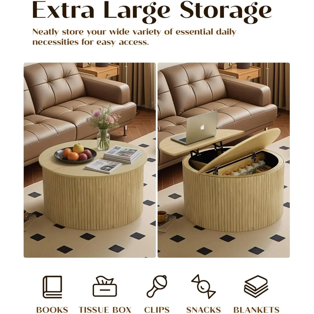 طاولة قهوة مستديرة مخددة مع سطح رفع، طاولة قهوة طبيعية بدائرة صغيرة مقاس 31.5 بوصة مع مساحة تخزين لغرفة المعيشة