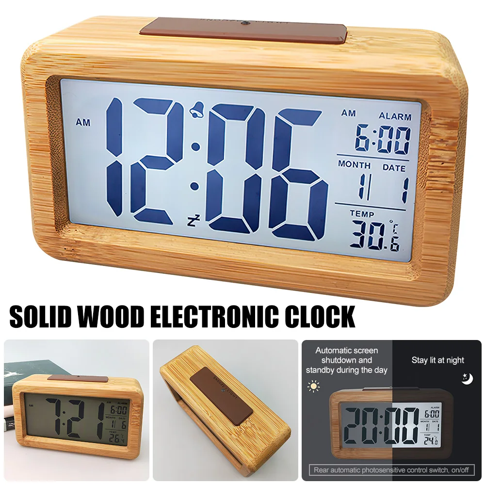 Wooden Digital Alarm Clock Modern LED Alarm Clock Snooze Display Time Date Temperature Electronic Bedside Desk Table Clock