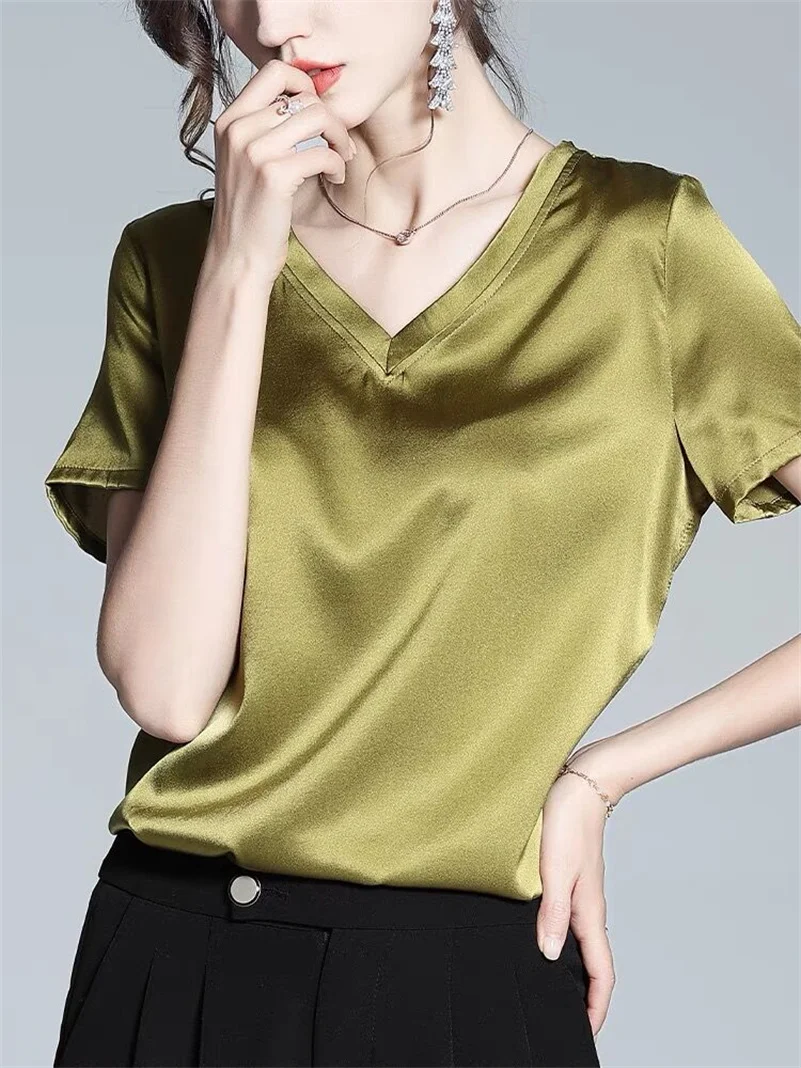 T- shirts Women Vintage Loose Summer Tops Satin Retro Ladies V-Neck Short Sleeves Basic Shirts Avocado Green 10 Colors Blouse