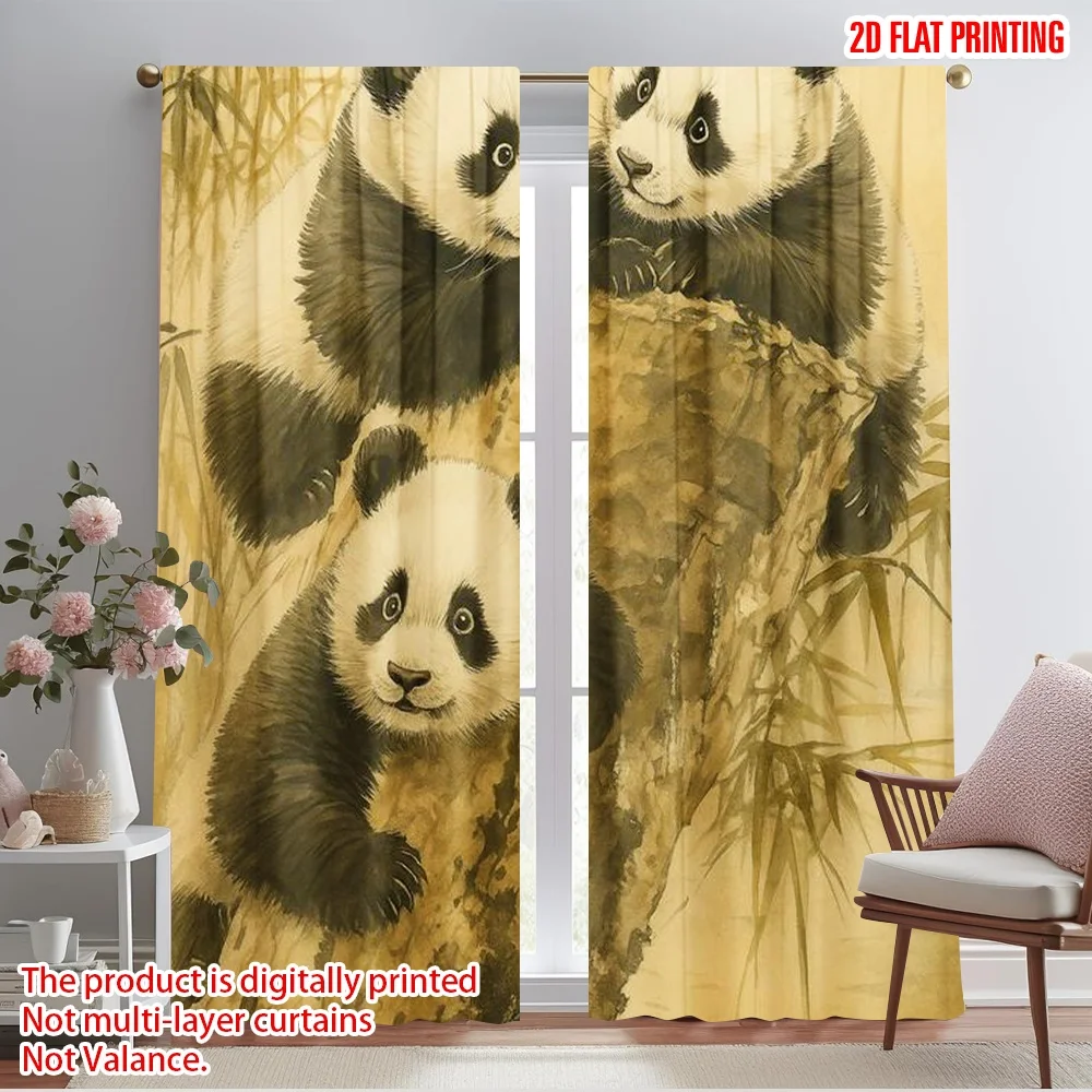 

2pcs,2D plane printing Curtain Popular Panda Trio Playtime Polyester Woven (without rod) Festive Perfect for Living Room,