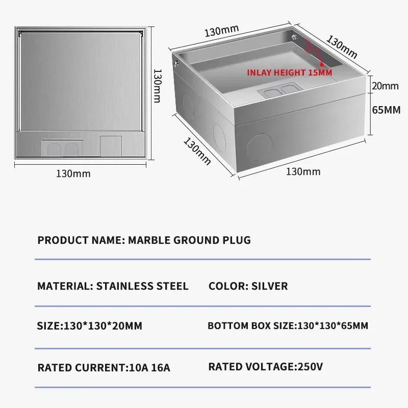 Enchufe oculto integrado de acero inoxidable, toma de corriente de 130mm x 130mm, enchufe europeo/Americano/israelí/brasileño/francés