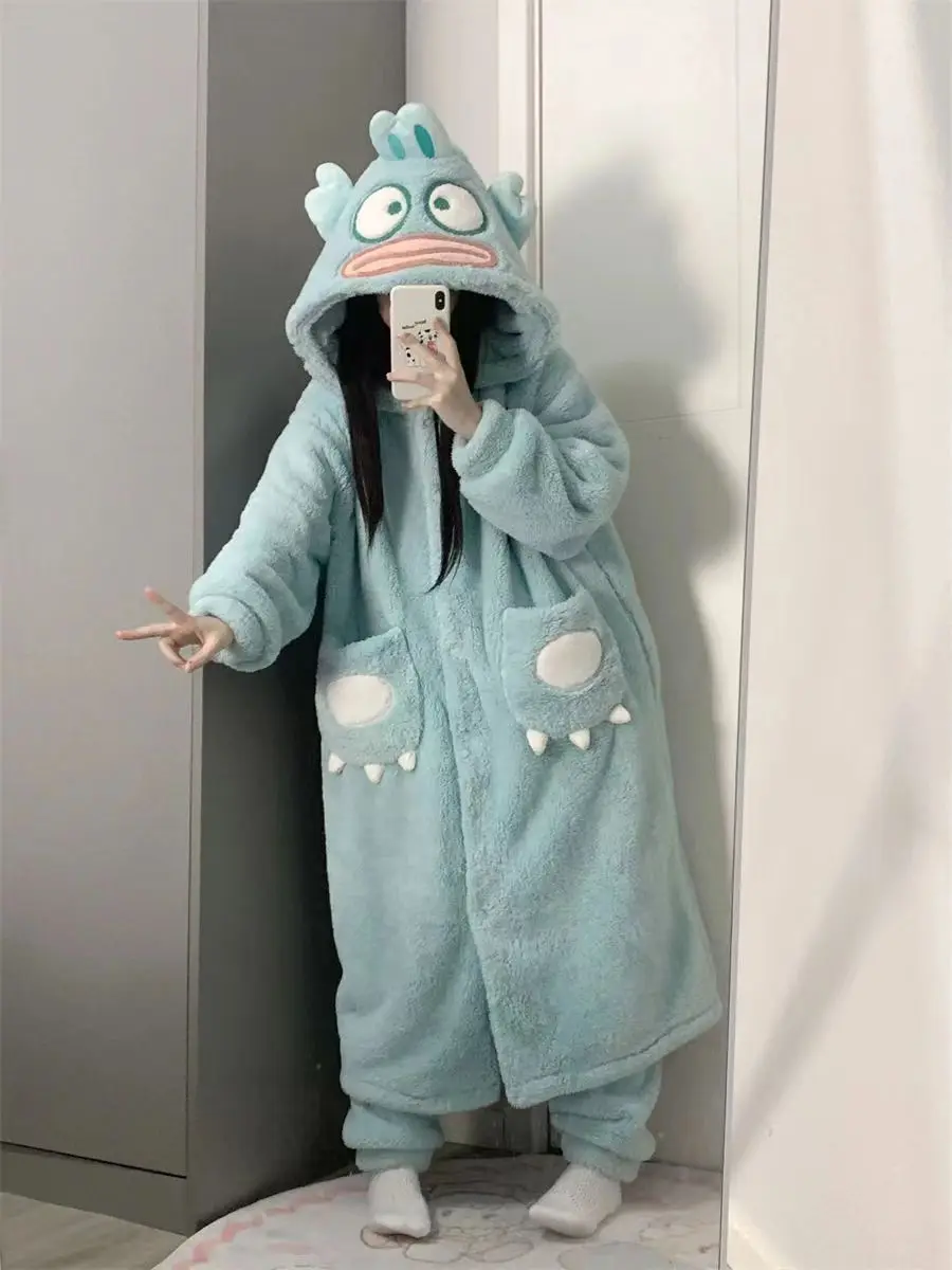 Clownfish Cosplay Costume Coral Fleece Robe Women Cartoon Pajamas for Adults Knee Length Sleepwear Blue Pyjamas Party Holiday