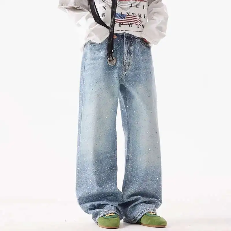 

2025 г., винтажные джинсы с американским принтом и стразами, мужская уличная одежда в стиле хип-хоп, мужская одежда, свободные широкие брюки, модные